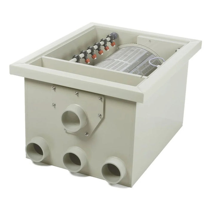 Angled view of the Sea Side Aquatics PP-35 WIFI Rotary Drum Filter with open lid showing drum, spray bar and inlet ports