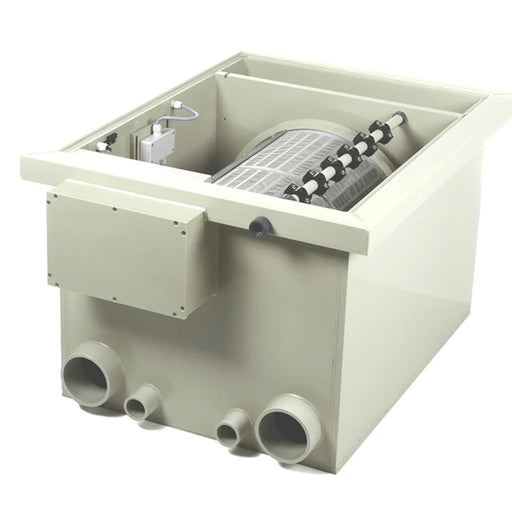 Open housing of the Sea Side Aquatics PP-35 WIFI RDF Filter revealing the rotary drum screen, spray bar and inlet ports