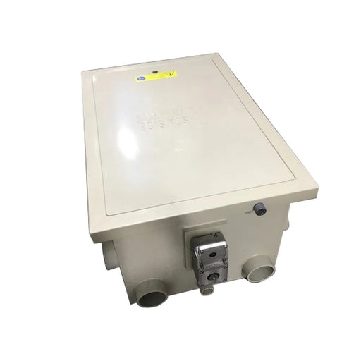 Angled view of the Sea Side Aquatics PP-40 WIFI Rotary Drum Filter housing with closed beige lid and stainless spray bar mount