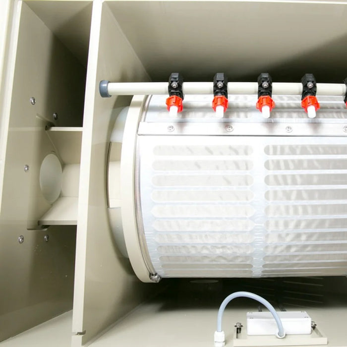Interior view of the rotating 120 micron stainless steel drum inside the Sea Side Aquatics PP-40 WIFI RDF Filter chamber