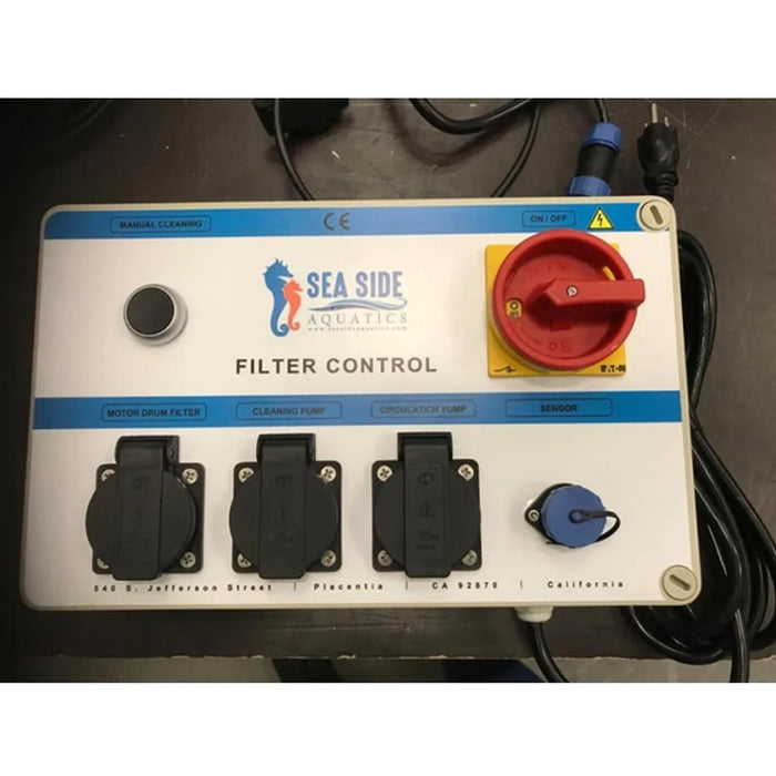 Filter control box of the Sea Side Aquatics PP-40 WIFI Pond Filter with manual cleaning button, on off switch and pump sockets