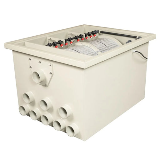 Angled front view of the Sea Side Aquatics PP100-WIFI Drum Filter housing showing multiple 110 mm inlet and outlet ports