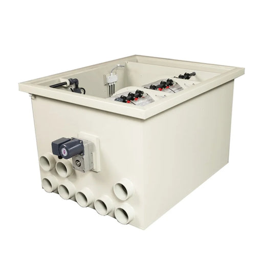 Complete Sea Side Aquatics PP100-WIFI Rotary Drum Filter housing with drum motor and nine 110 mm ports on white background
