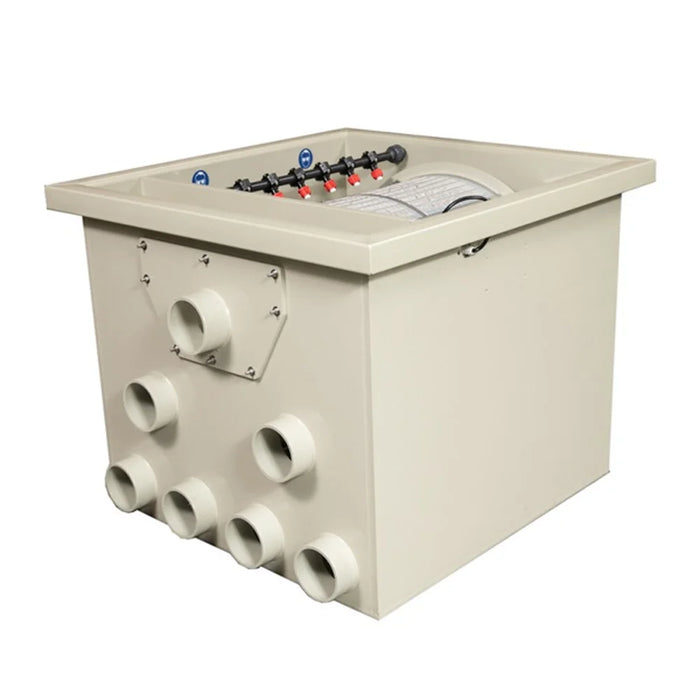 Front angle of the Sea Side Aquatics PP65-WIFI RDF Filter beige housing with six 110 mm ports and top-mounted spray bar