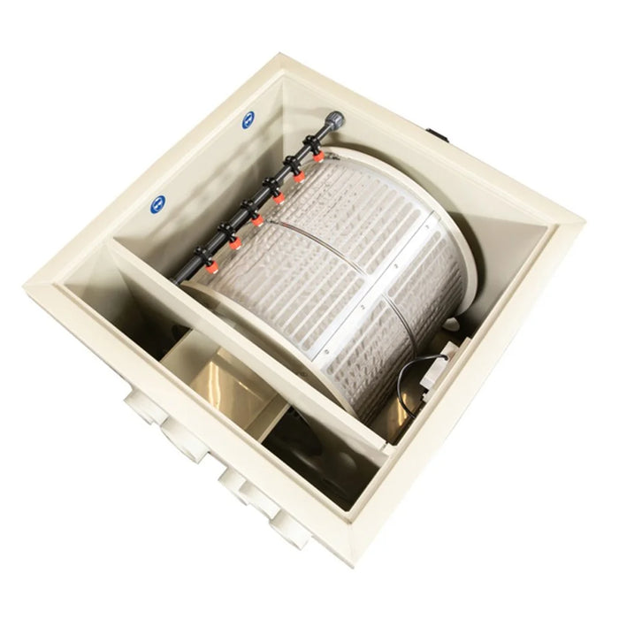 Top-down open view of the Sea Side Aquatics PP65-WIFI Pond Filter showing the 75 micron rotating drum and spray bar