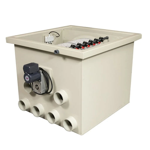 Angled front view of the Sea Side Aquatics PP65-WIFI Pond Filter beige housing with 110 mm ports and side drive motor