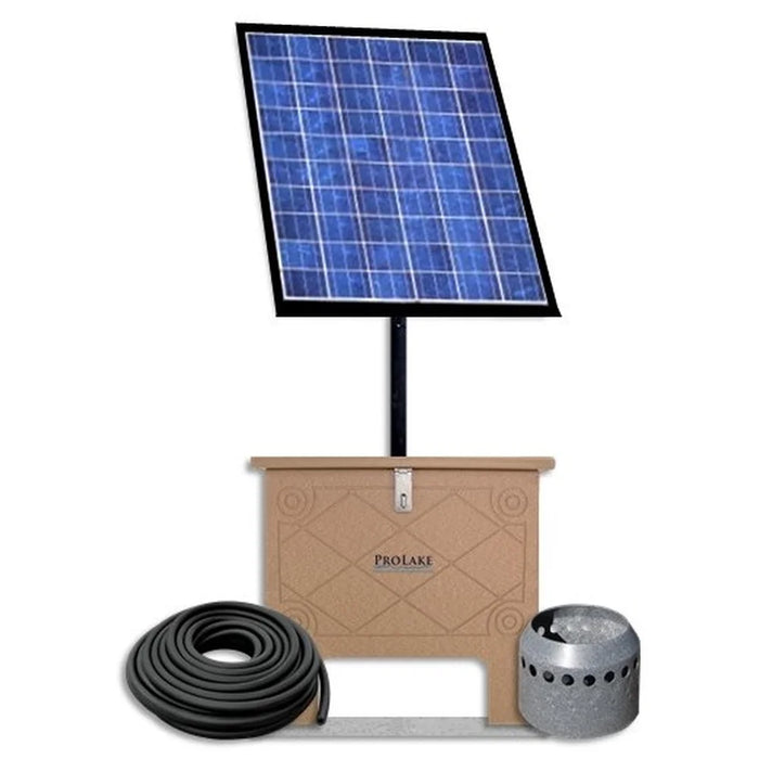 Complete Solaer® Pond Aerator kit with tan cabinet, solar panel on pole, airline coil and diffuser