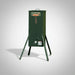 Dark green Texas Hunter Solar-Powered Fish Feeder for Pond with four splayed legs and feed window on white studio background