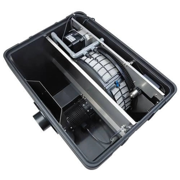 Open top view inside the Oase ProfiClear Premium Compact M showing the rotating drum, spray bar and drive motor