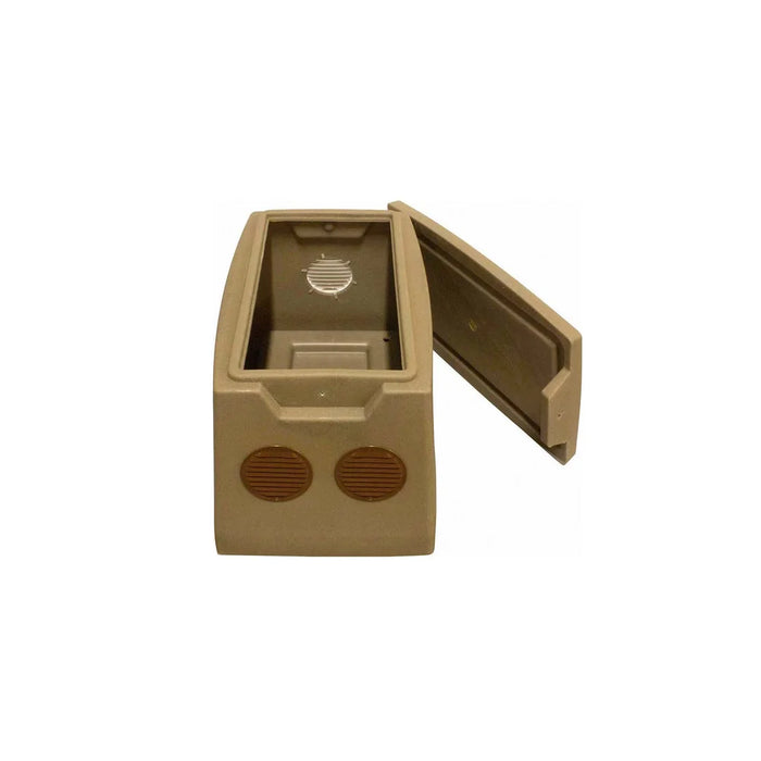 Open lid Scott Aerator Weatherproof Compressor Box revealing interior compartment and built-in exhaust fan